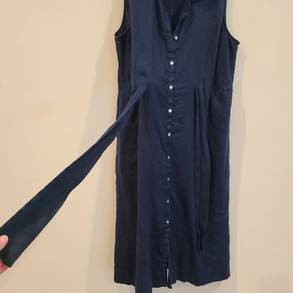 J.Jill Love Linen Navy Blue Tie Front Button Down Collared Tank Midi Dress - Picture 4 of 9